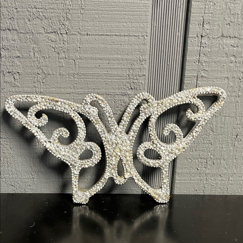 Vintage Heavy Silver Metal Rhinestone Butterfly Tabletop Accent Figurine